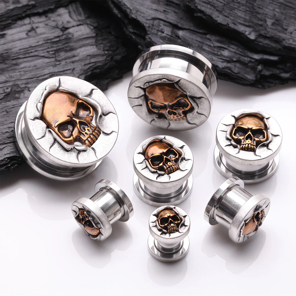 A Pair of Bronze Death Skull Cracked Steel Screw-Fit Plug - Image 3