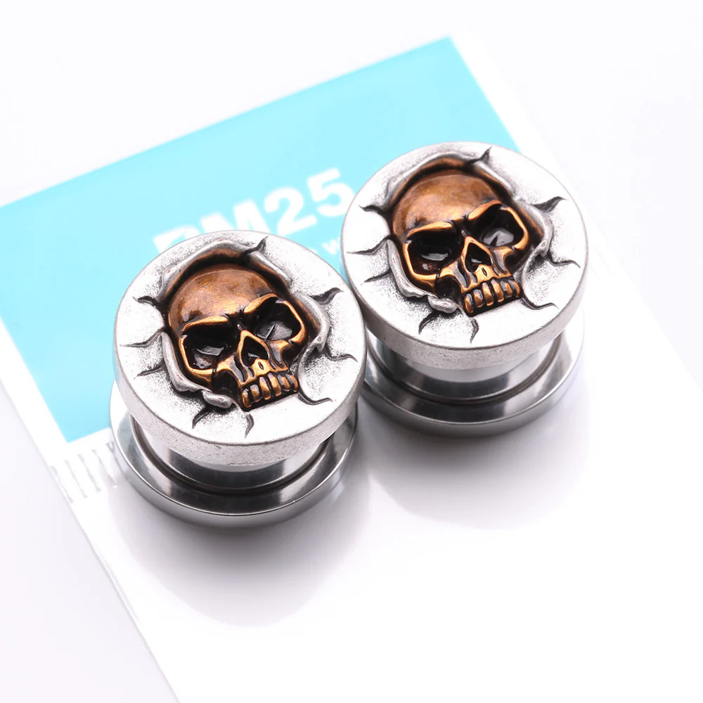 A Pair of Bronze Death Skull Cracked Steel Screw-Fit Plug - Image 4