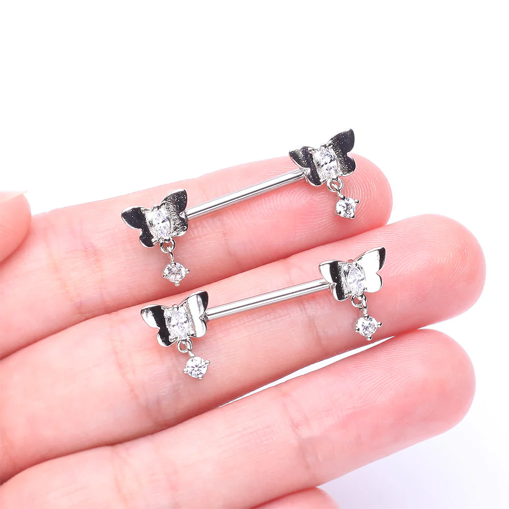 A Pair of Butterfly Sparkle Dangle Sparkle Nipple Barbell - Image 3