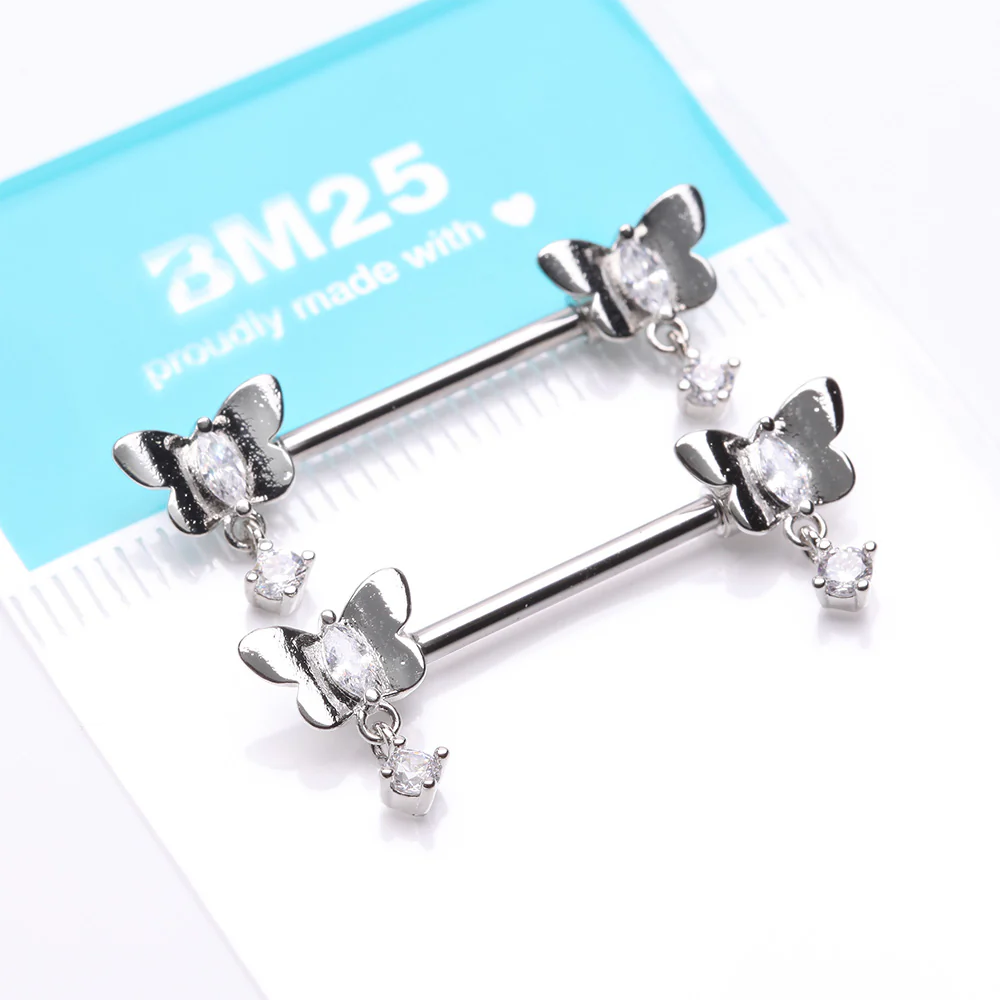 A Pair of Butterfly Sparkle Dangle Sparkle Nipple Barbell - Image 5
