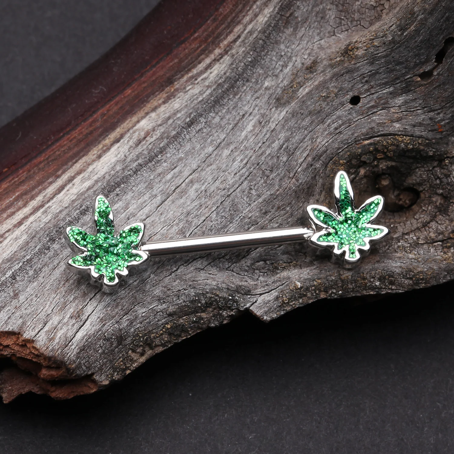 A Pair of Classic Glitter Sparkle Cannabis Nipple Barbell - Image 2