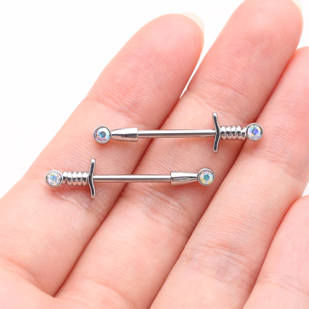 A Pair of Classic Sparkle Dagger Sword Nipple Barbell - Image 3