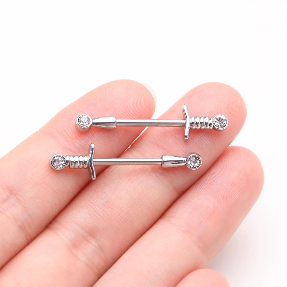 A Pair of Classic Sparkle Dagger Sword Nipple Barbell - Image 3