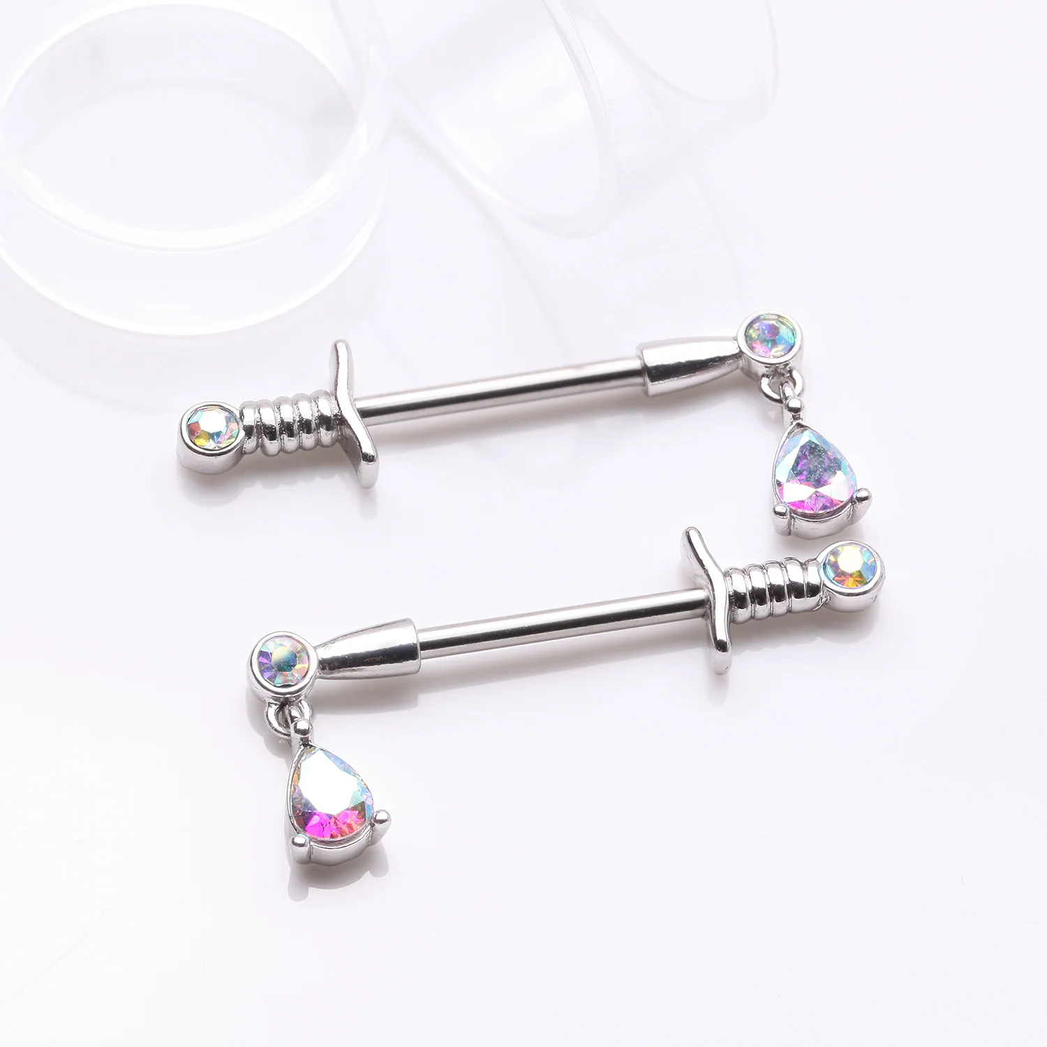 A Pair of Classic Sparkle Dagger Sword Teardrop Dangle Nipple Barbell - Image 2