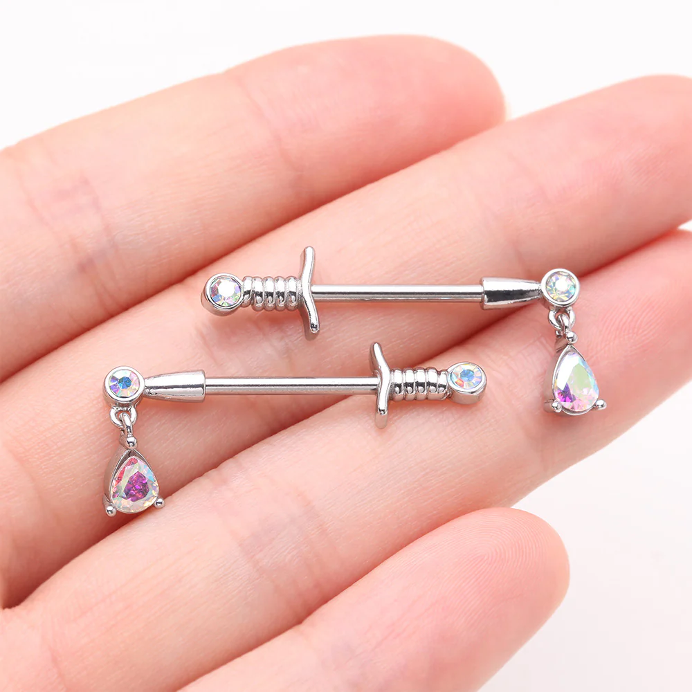 A Pair of Classic Sparkle Dagger Sword Teardrop Dangle Nipple Barbell - Image 3