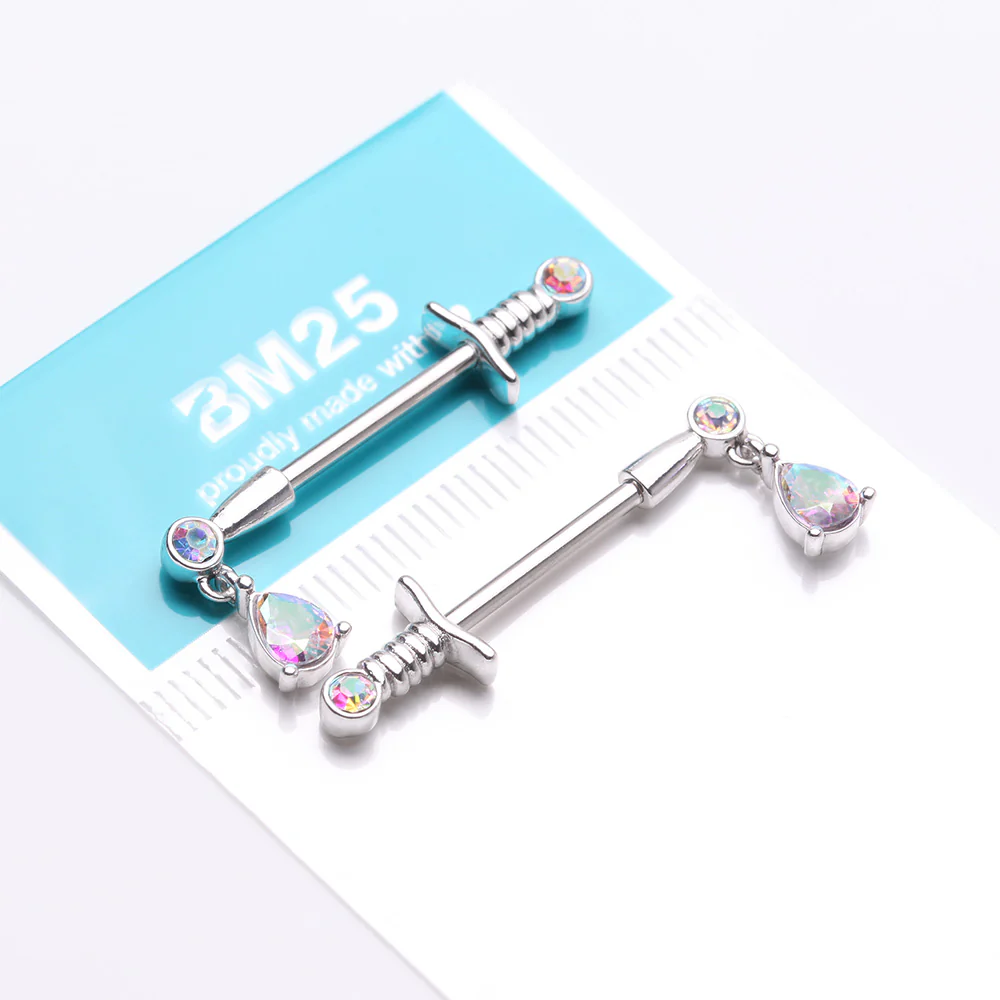 A Pair of Classic Sparkle Dagger Sword Teardrop Dangle Nipple Barbell - Image 4