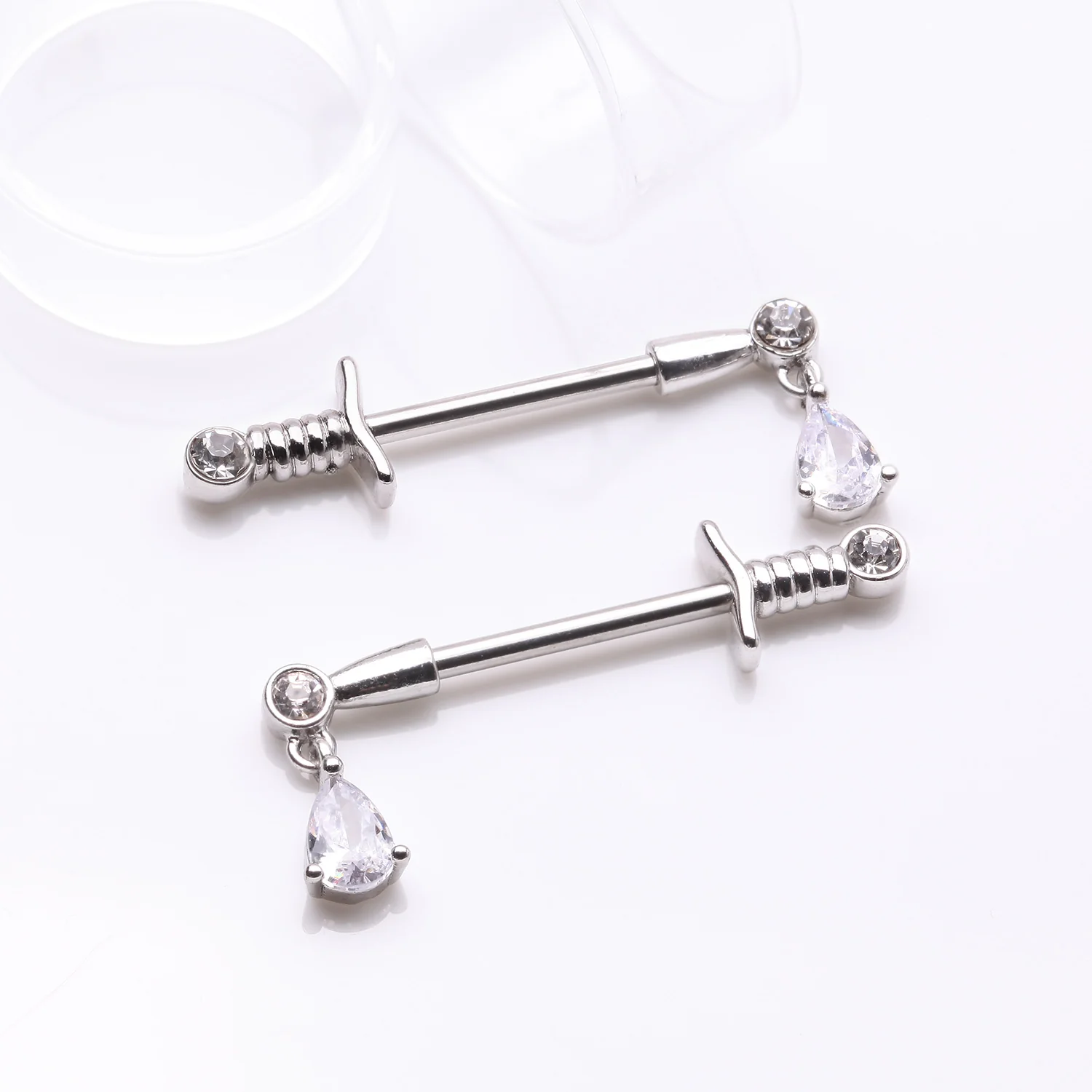 A Pair of Classic Sparkle Dagger Sword Teardrop Dangle Nipple Barbell - Image 2
