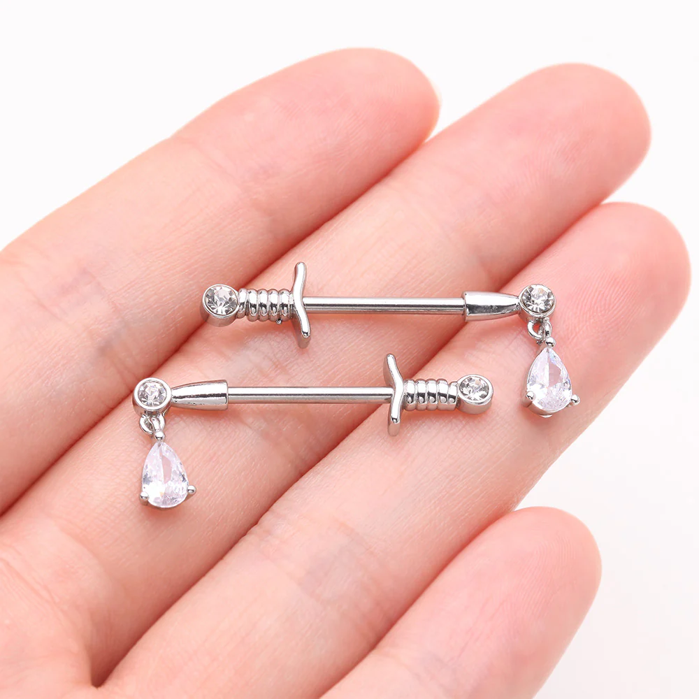 A Pair of Classic Sparkle Dagger Sword Teardrop Dangle Nipple Barbell - Image 3