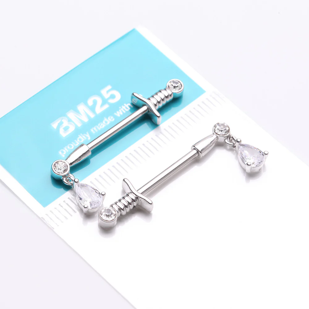 A Pair of Classic Sparkle Dagger Sword Teardrop Dangle Nipple Barbell - Image 4