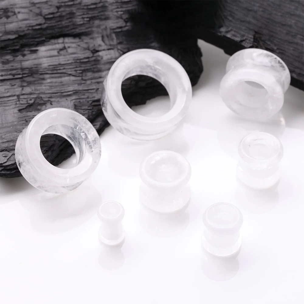 A Pair of Cloudy Quartz Stone Double Flared Eyelet Tunnel Plug - Image 3