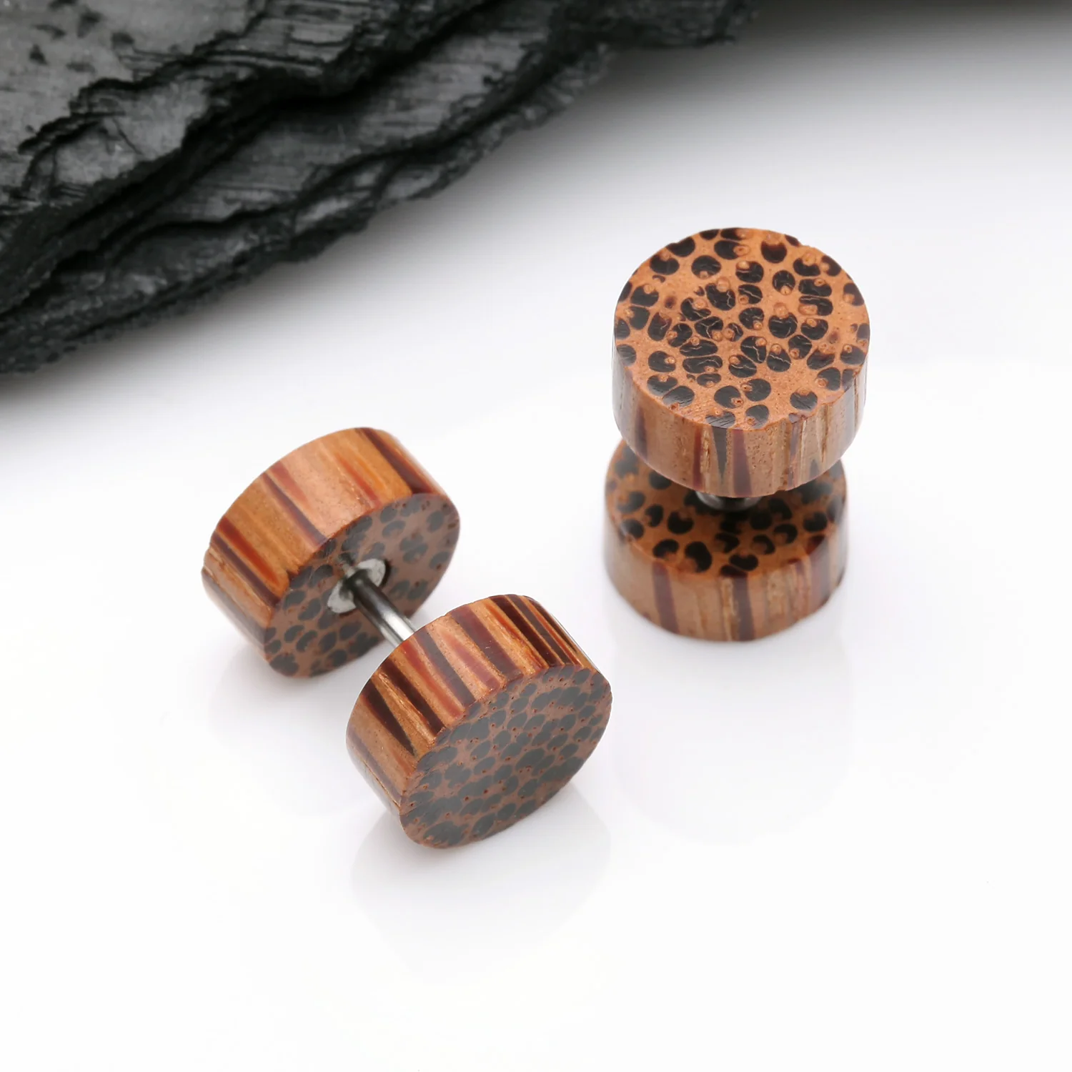 A Pair of Coconut Wood Fake Plug Earring - Image 2