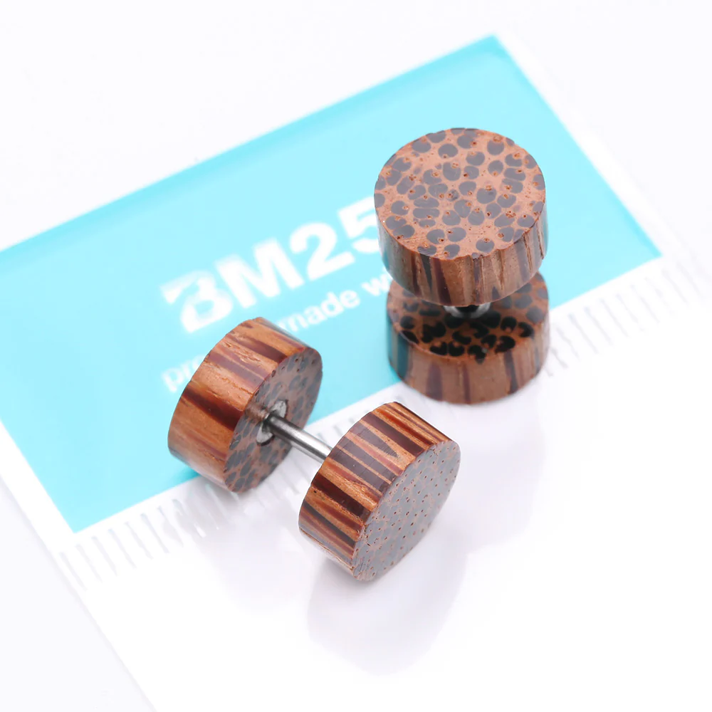 A Pair of Coconut Wood Fake Plug Earring - Image 5
