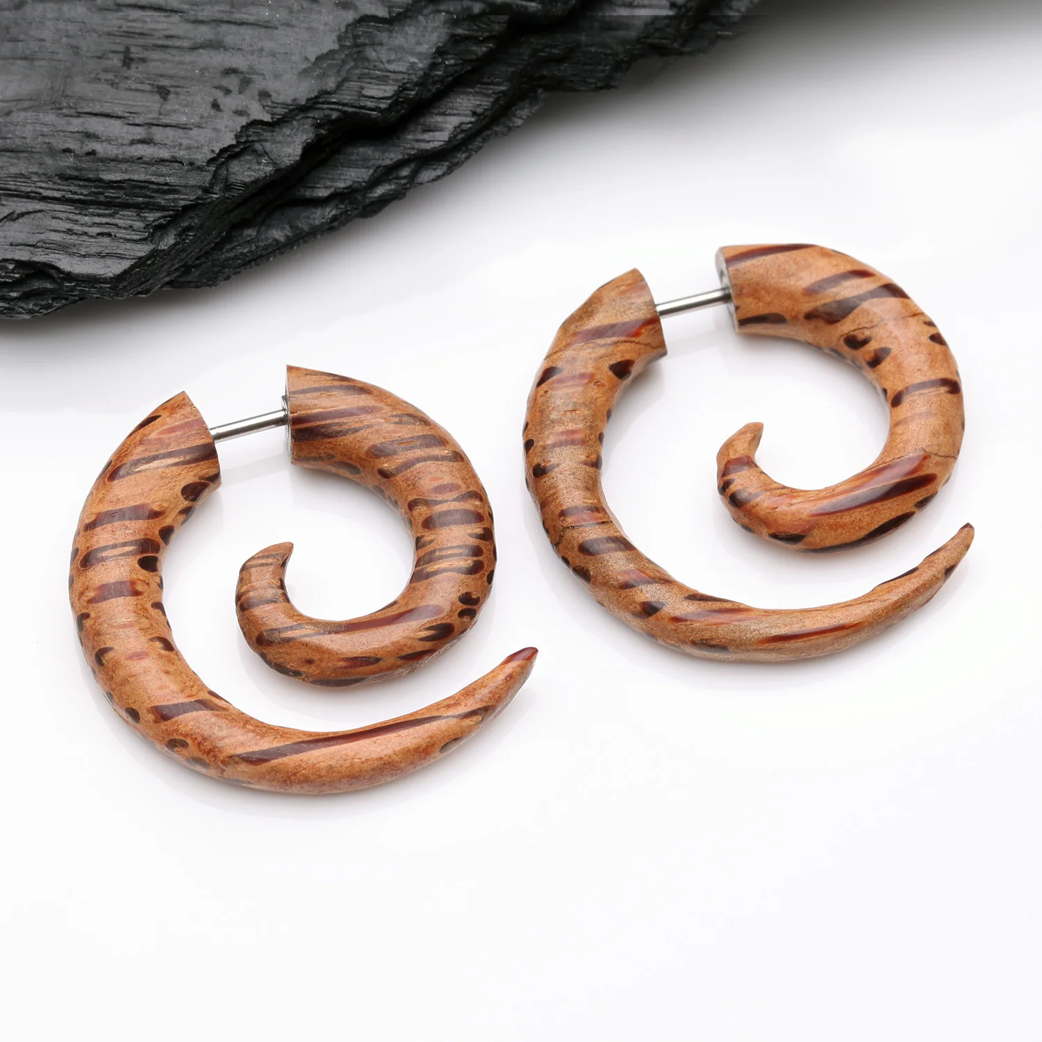 A Pair of Coconut Wood Fake Spiral Hanger Earring - Image 2
