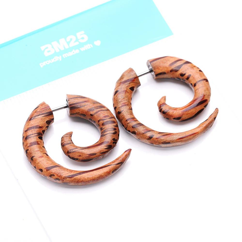 A Pair of Coconut Wood Fake Spiral Hanger Earring - Image 5