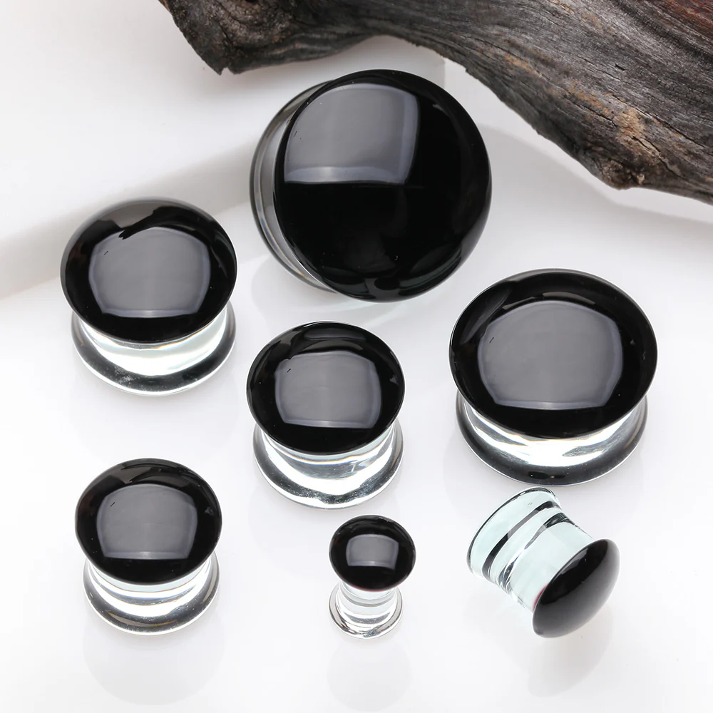 A Pair of Convex Black Front Glass Double Flared Ear Gauge Plug - Image 3