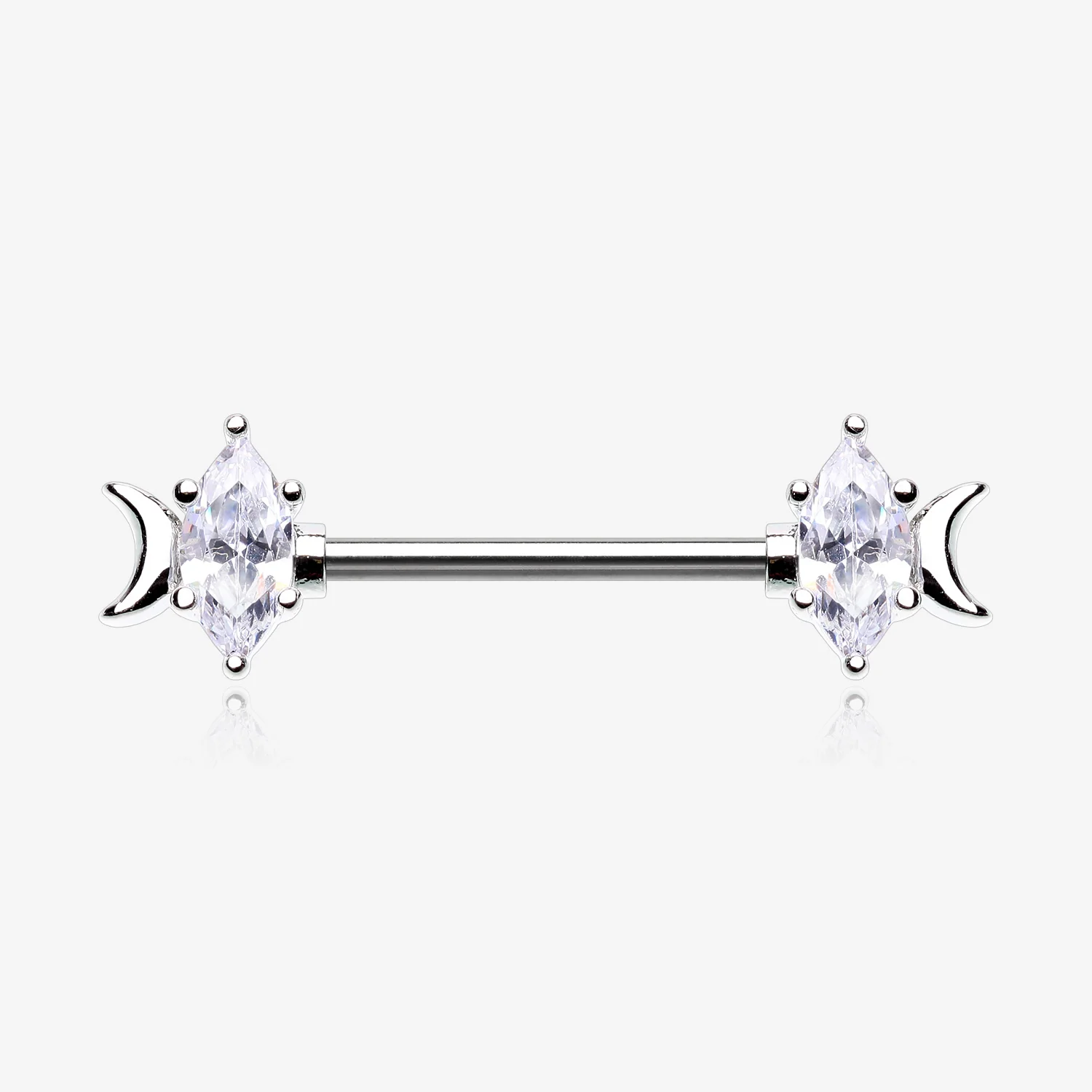 A Pair of Crescent Moon Phase Marquise Sparkle Nipple Barbell