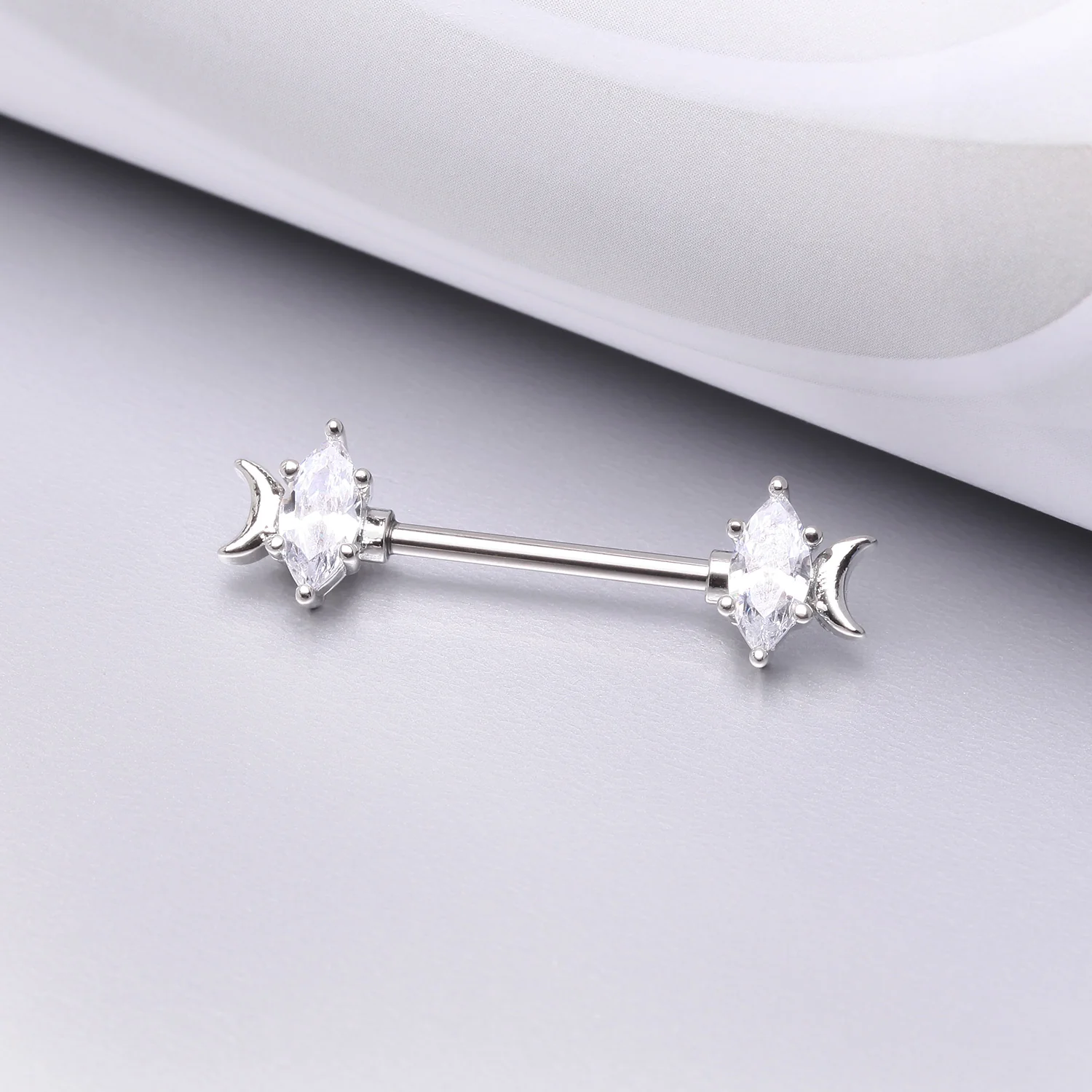 A Pair of Crescent Moon Phase Marquise Sparkle Nipple Barbell - Image 2