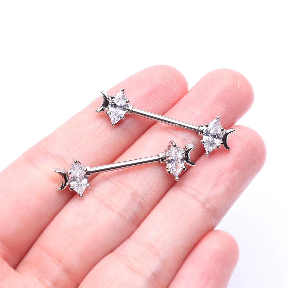 A Pair of Crescent Moon Phase Marquise Sparkle Nipple Barbell - Image 3