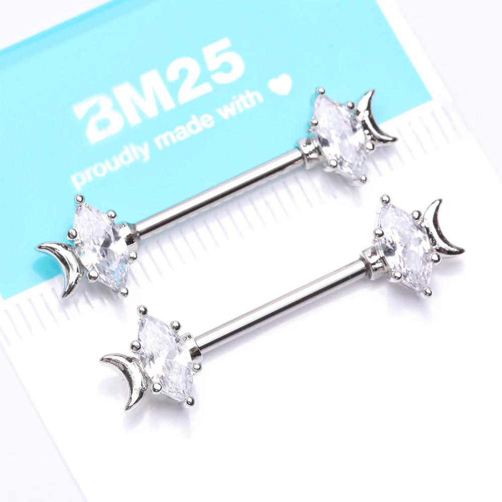 A Pair of Crescent Moon Phase Marquise Sparkle Nipple Barbell - Image 5