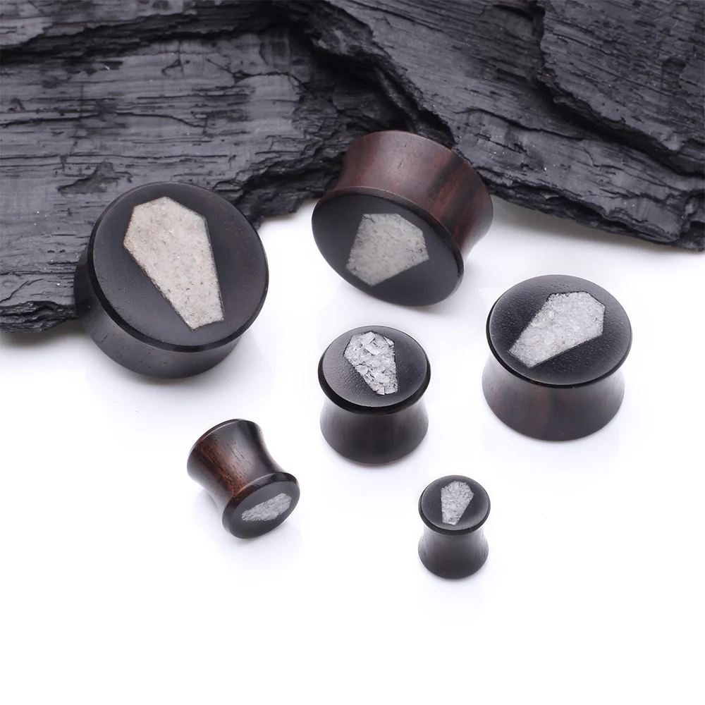 A Pair of Crystal Quartz Coffin Inlay Ebony Wood Double Flared Ear Gauge Plug - Image 3