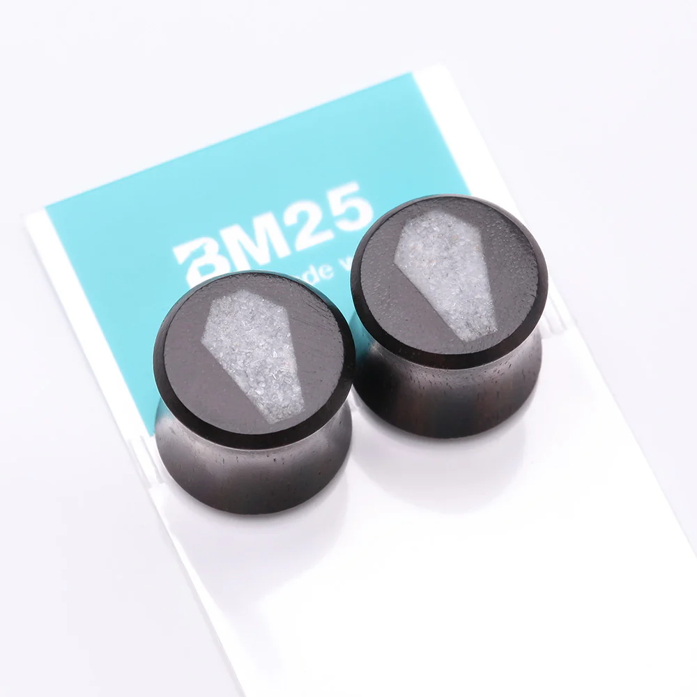 A Pair of Crystal Quartz Coffin Inlay Ebony Wood Double Flared Ear Gauge Plug - Image 4