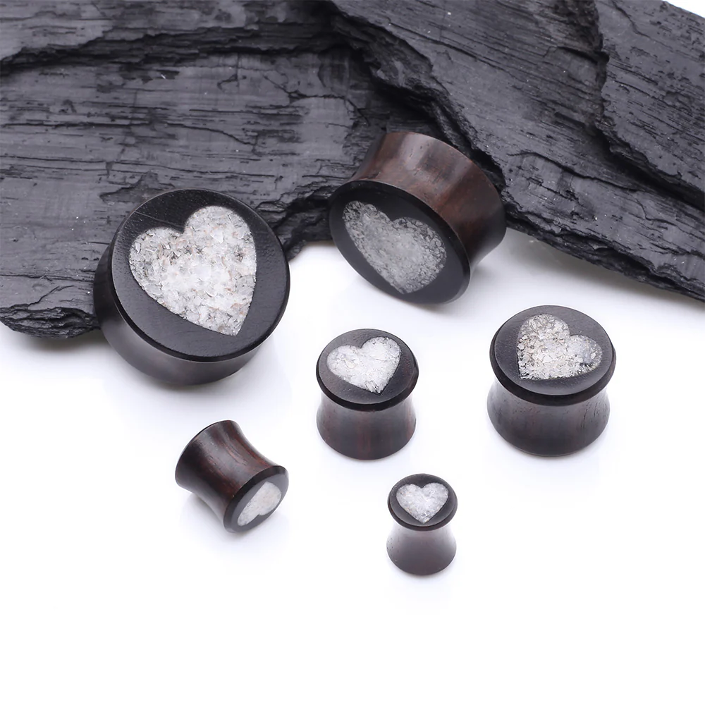 A Pair of Crystal Quartz Heart Inlay Ebony Wood Double Flared Ear Gauge Plug - Image 3