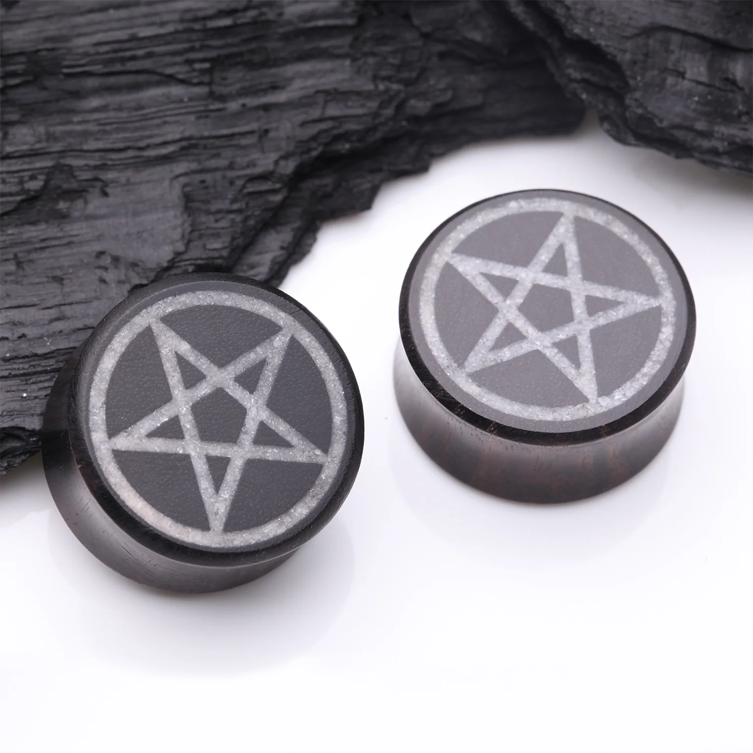A Pair of Crystal Quartz Pentagram Inlay Ebony Wood Double Flared Ear Gauge Plug - Image 2