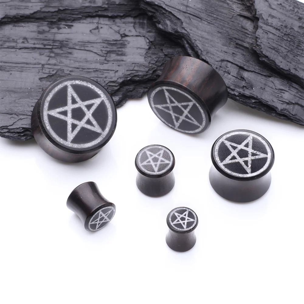A Pair of Crystal Quartz Pentagram Inlay Ebony Wood Double Flared Ear Gauge Plug - Image 3