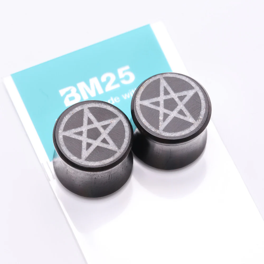 A Pair of Crystal Quartz Pentagram Inlay Ebony Wood Double Flared Ear Gauge Plug - Image 4