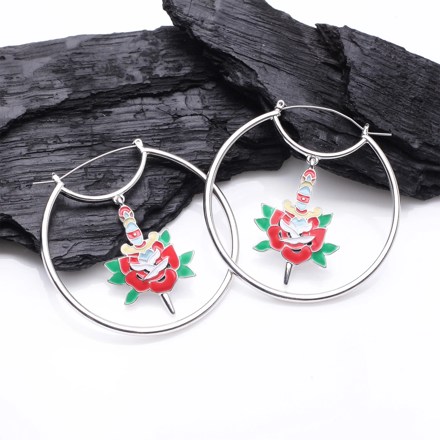 A Pair of Dagger and Rose Blossom Tattoo Art Plug Hoop Earring - Image 2