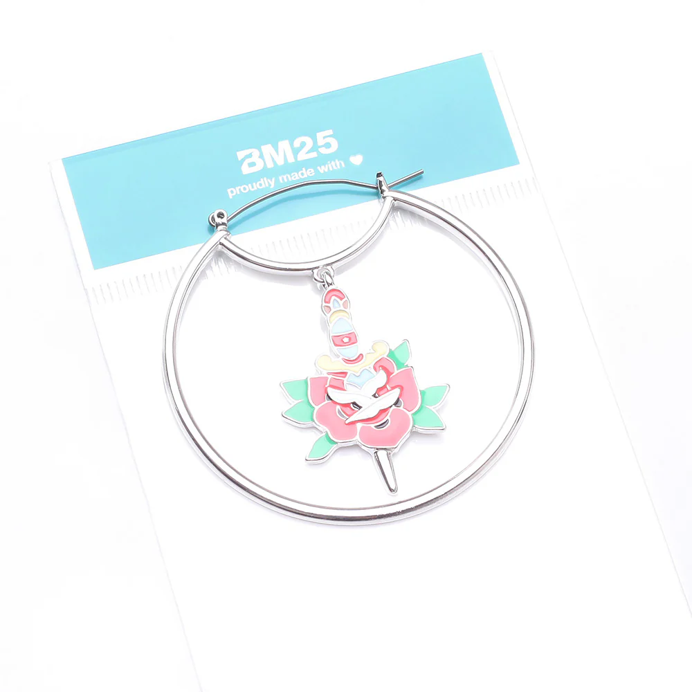 A Pair of Dagger and Rose Blossom Tattoo Art Plug Hoop Earring - Image 4