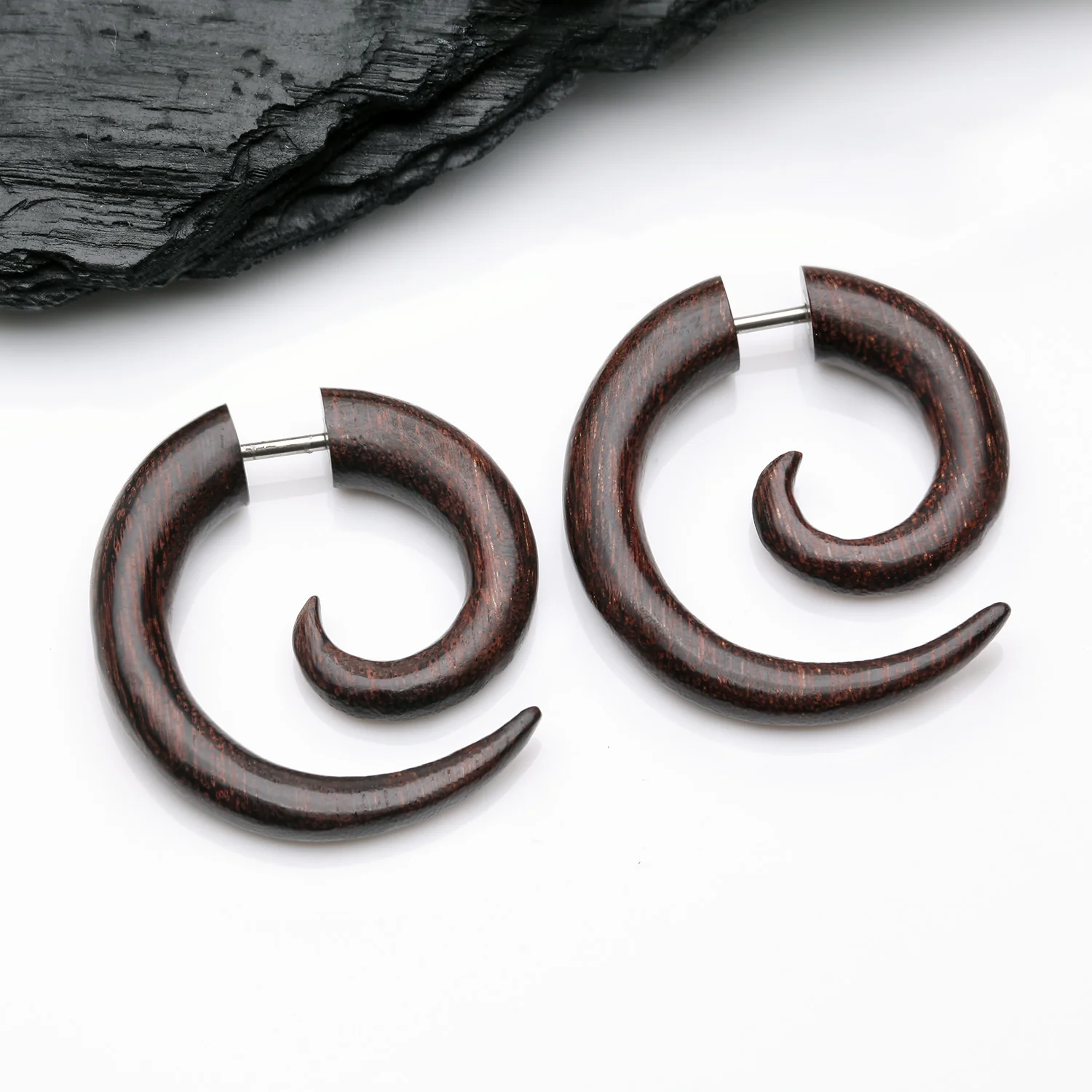 A Pair of Dark Tamarind Wood Fake Spiral Hanger Earring - Image 2
