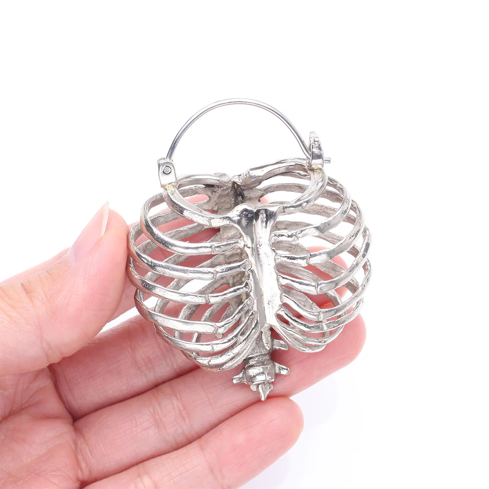 A Pair of Death's Arrival White Brass Rib Cage Skeletal Plug Hoop Earring - Image 3