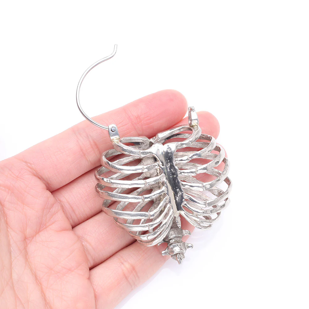 A Pair of Death's Arrival White Brass Rib Cage Skeletal Plug Hoop Earring - Image 4