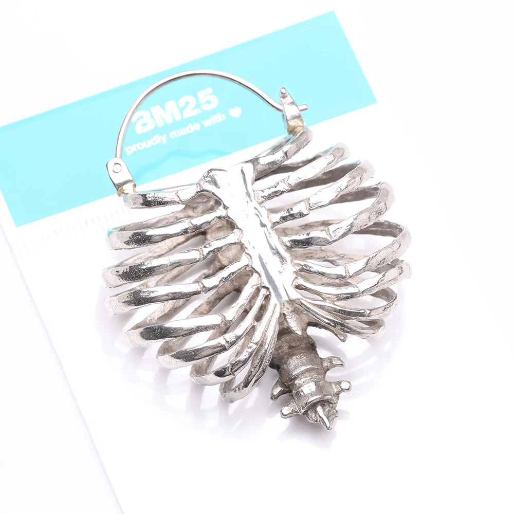 A Pair of Death's Arrival White Brass Rib Cage Skeletal Plug Hoop Earring - Image 5
