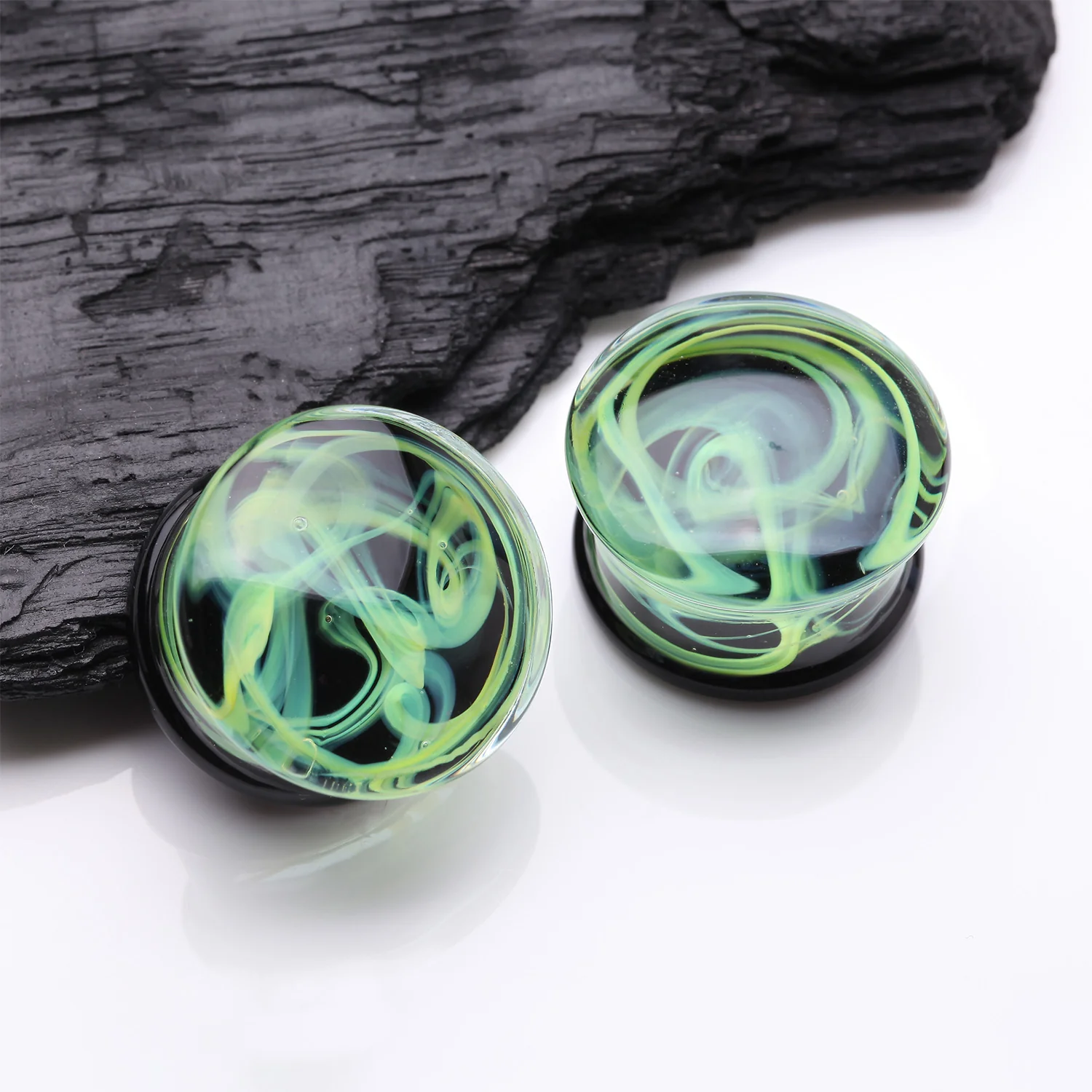 A Pair of Deco Neon Art Swirlesque Glass Double Flared Plug - Image 2