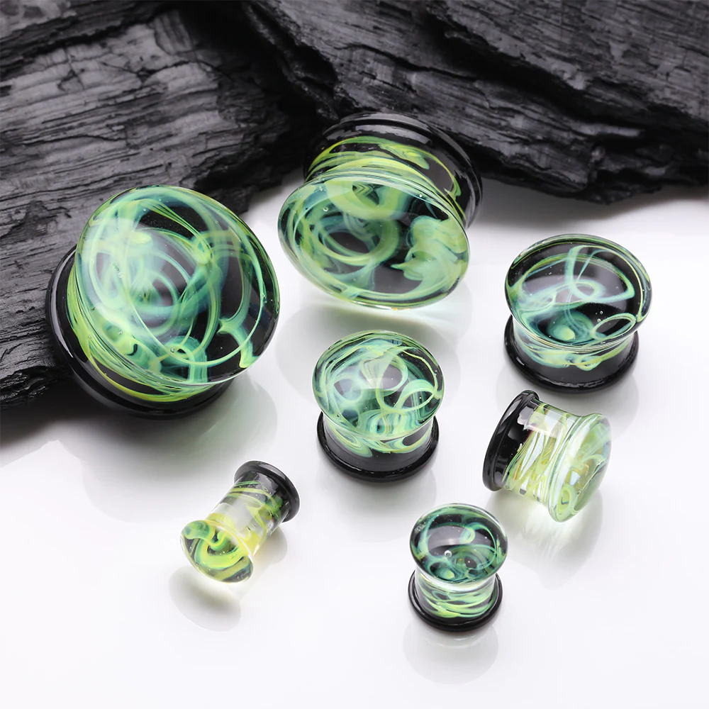 A Pair of Deco Neon Art Swirlesque Glass Double Flared Plug - Image 3