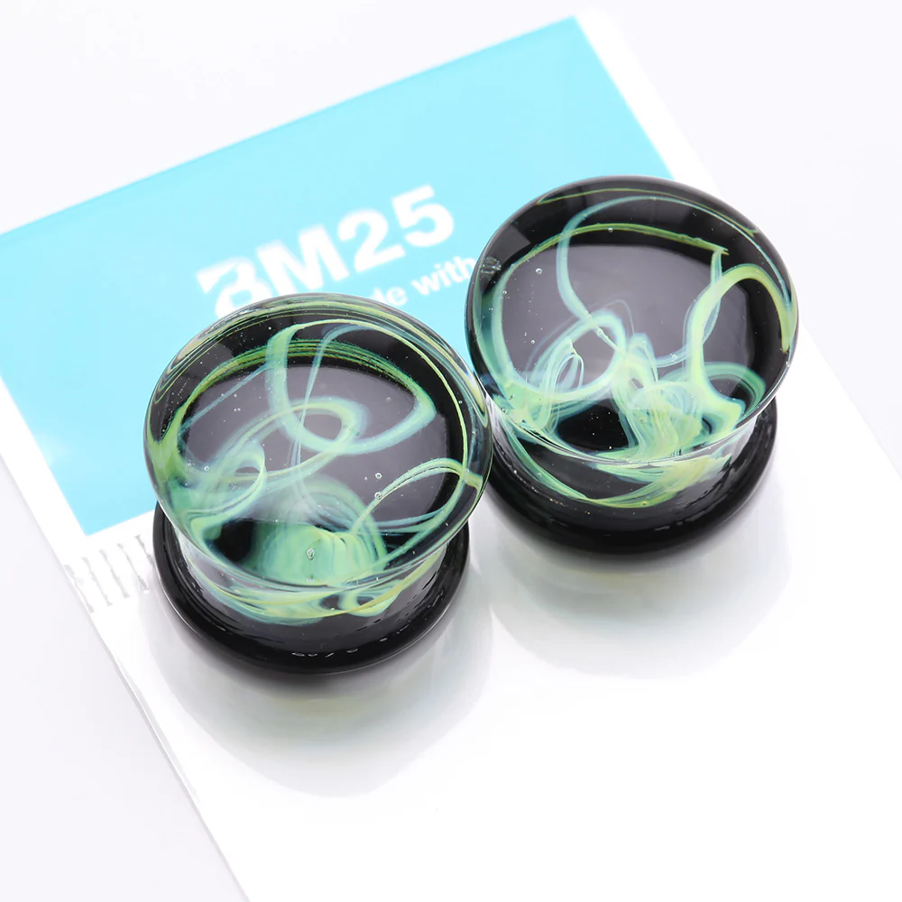 A Pair of Deco Neon Art Swirlesque Glass Double Flared Plug - Image 4