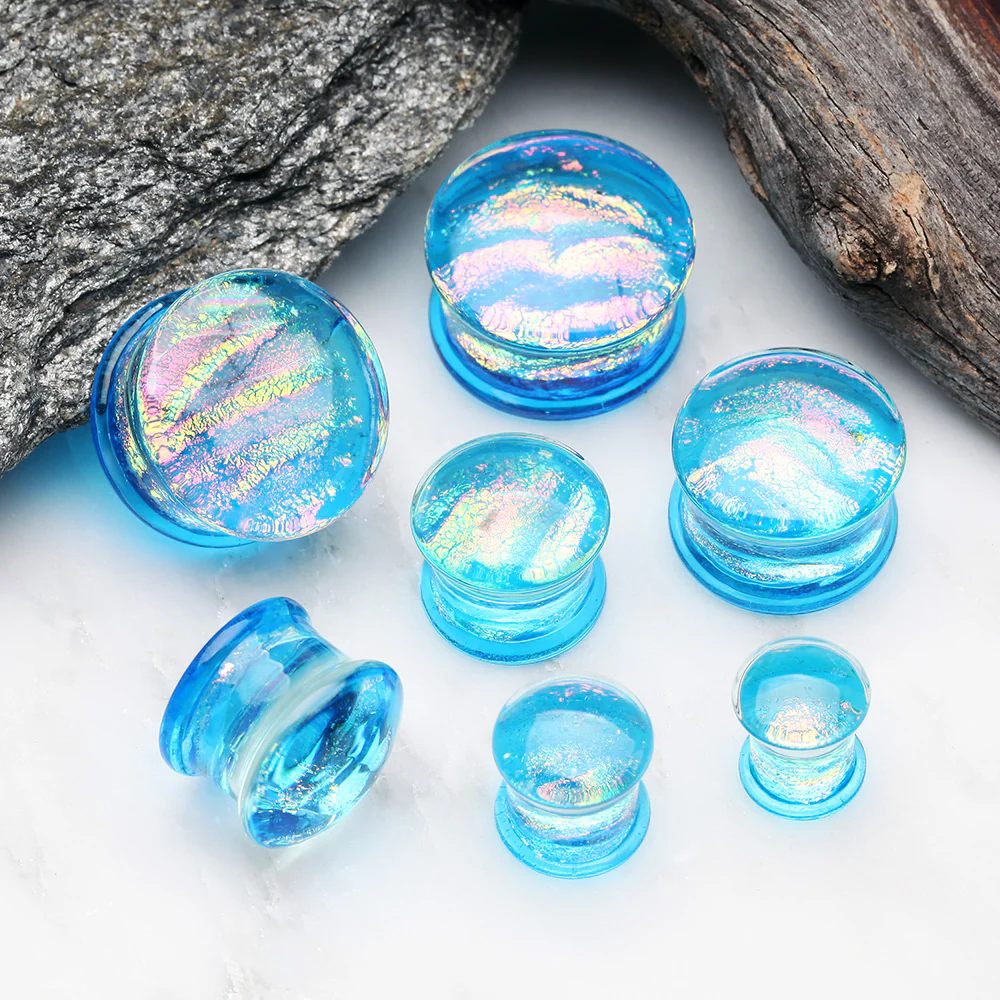 A Pair of Dichroic Glass Aqua Rainbow Iridescent Double Flared Plug - Image 3