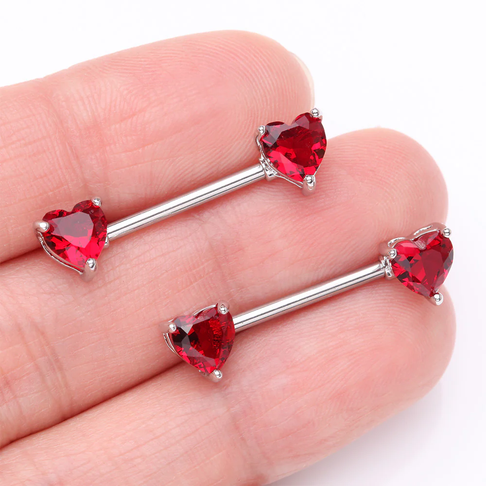 A Pair of Double Heart Gem Nipple Barbell Ring - Image 3