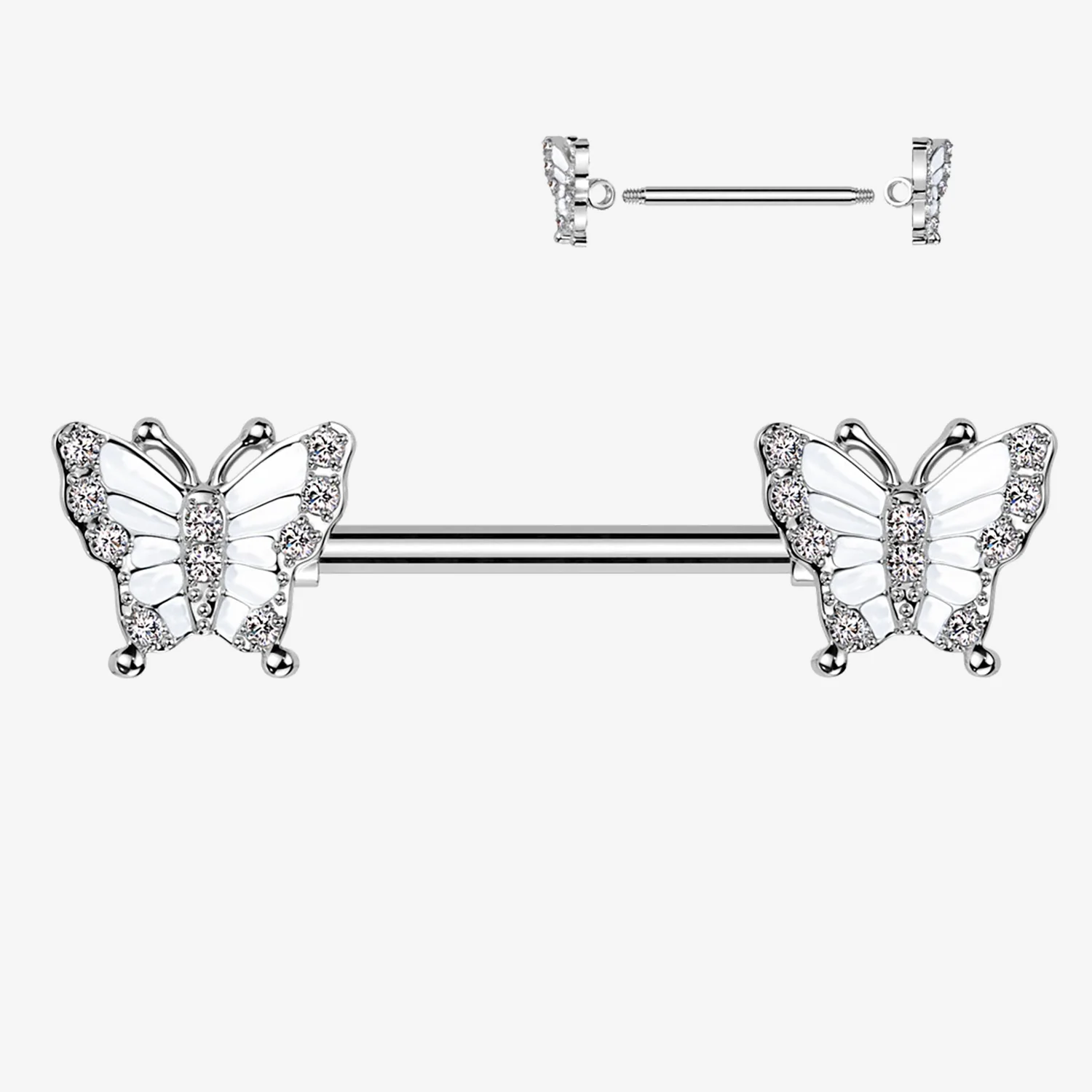 A Pair of Elegant Argent Butterfly Sparkle Nipple Barbell