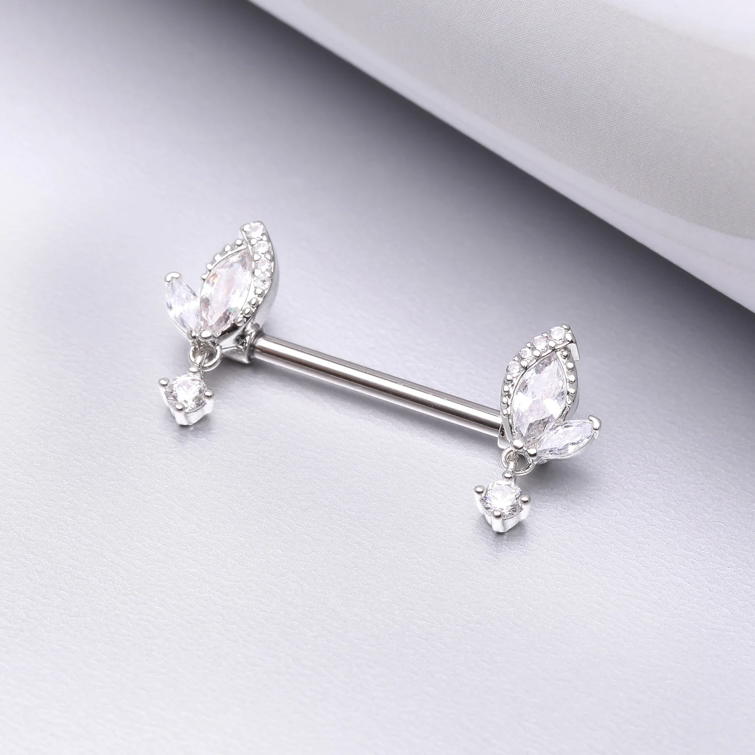A Pair of Elegant Marquise Leaflet Dangle Sparkle Nipple Barbell - Image 2