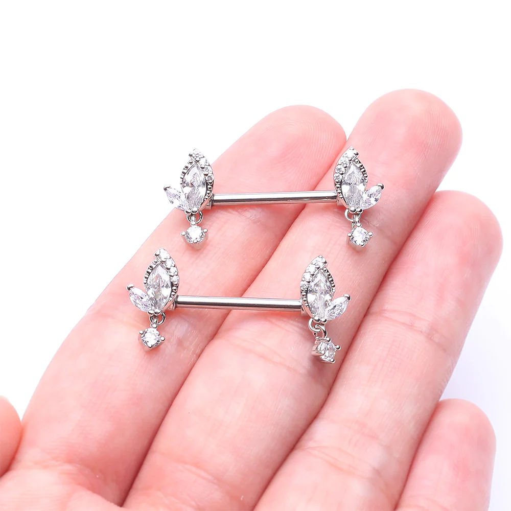 A Pair of Elegant Marquise Leaflet Dangle Sparkle Nipple Barbell - Image 3