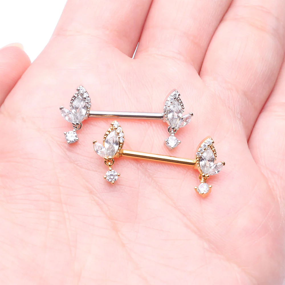 A Pair of Elegant Marquise Leaflet Dangle Sparkle Nipple Barbell - Image 4