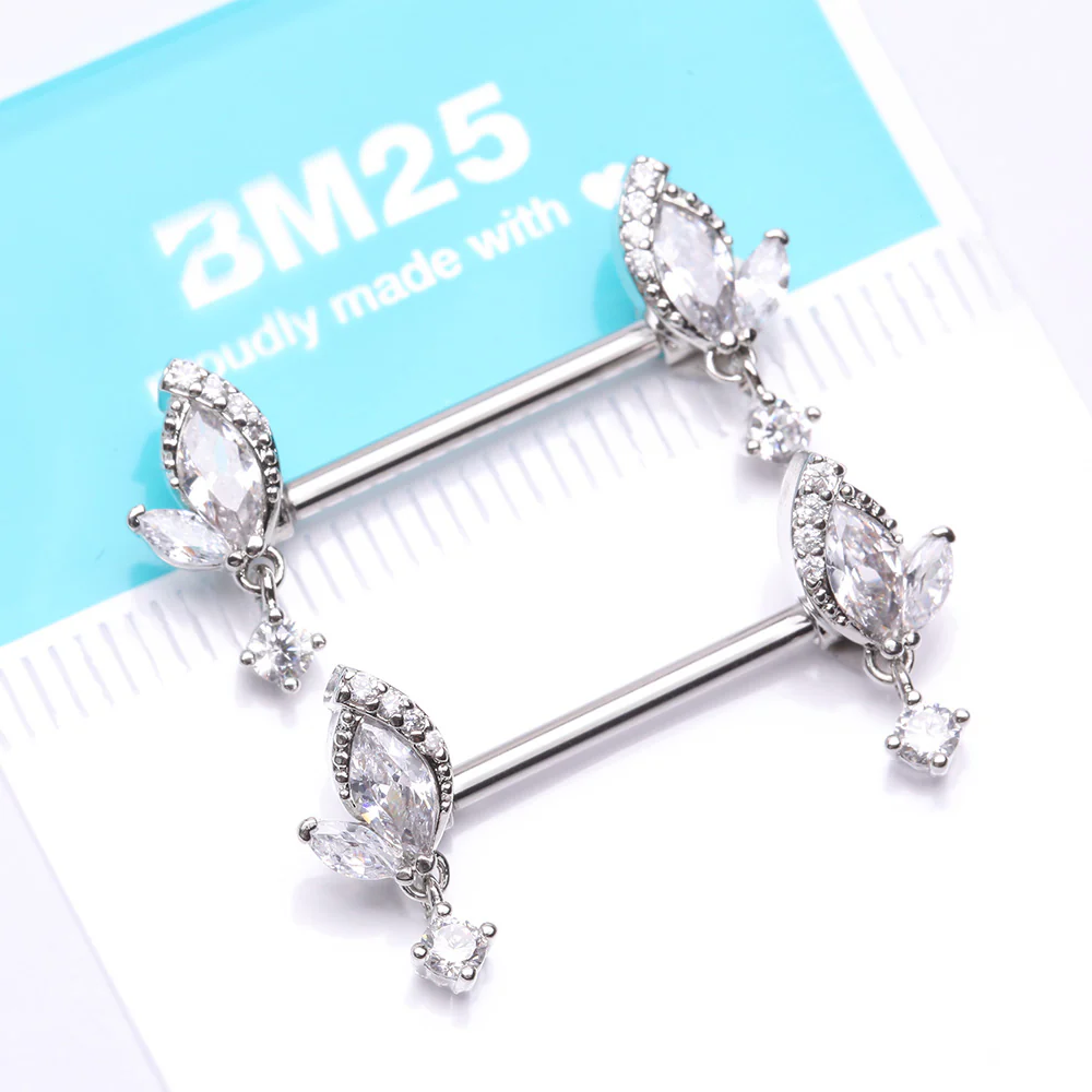 A Pair of Elegant Marquise Leaflet Dangle Sparkle Nipple Barbell - Image 5
