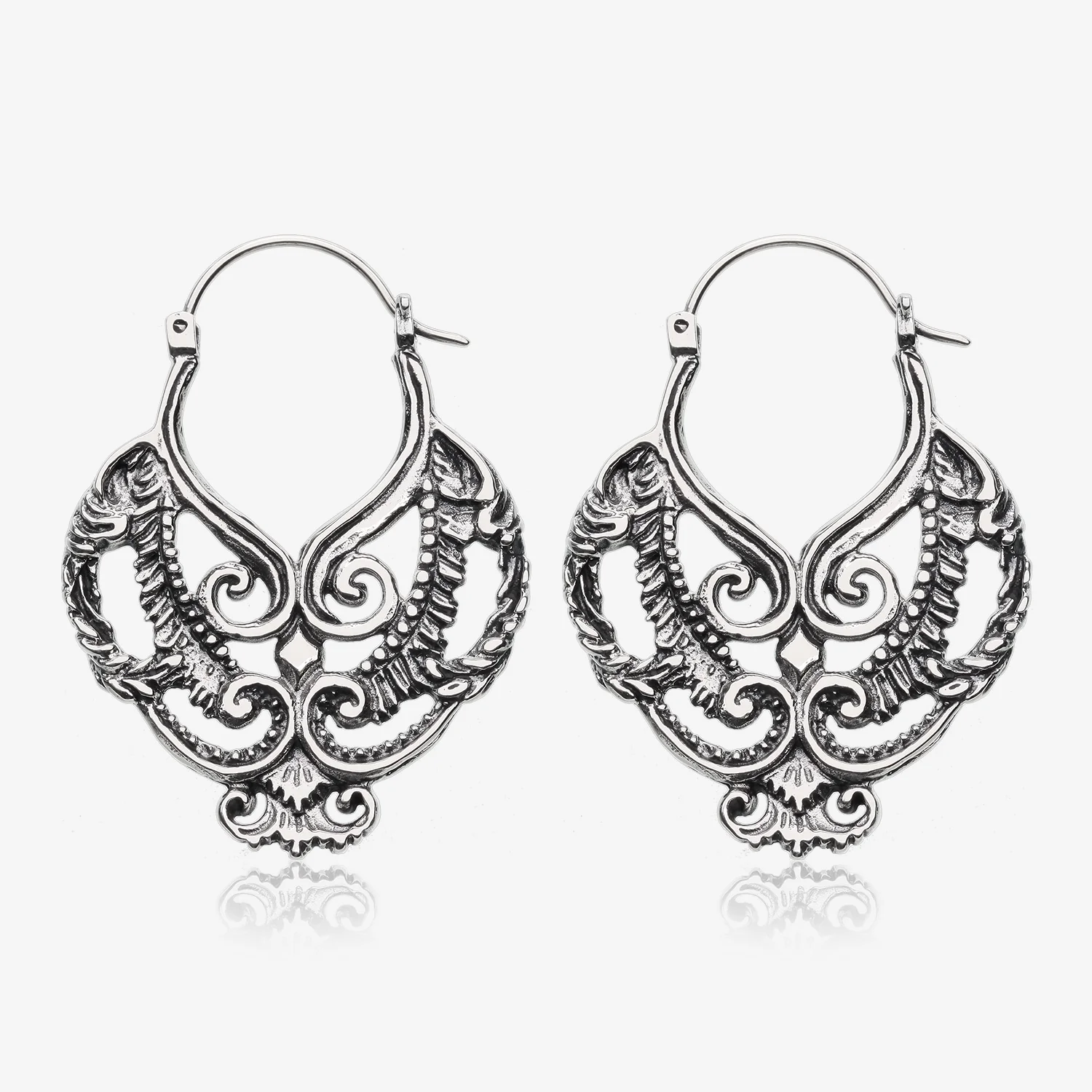 A Pair of Enchanted Royal Bali Filigree White Brass Plug Hoop Earring