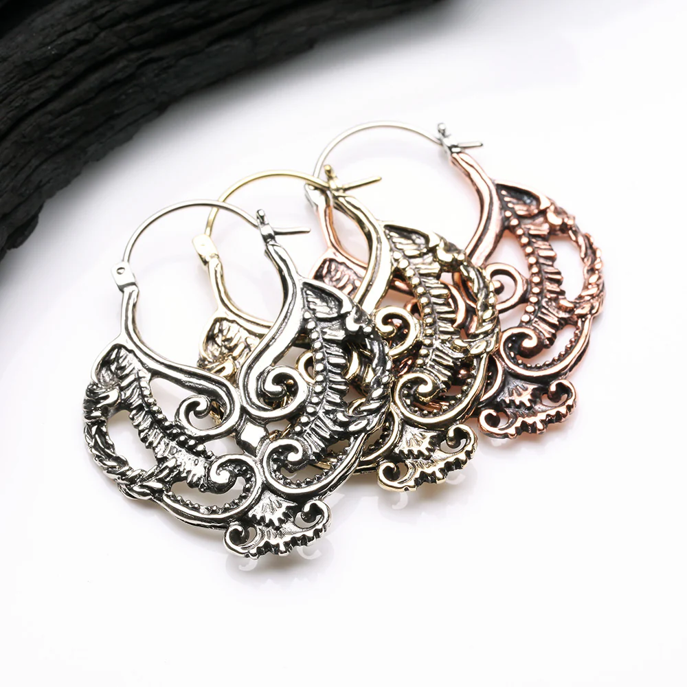 A Pair of Enchanted Royal Bali Filigree White Brass Plug Hoop Earring - Image 4