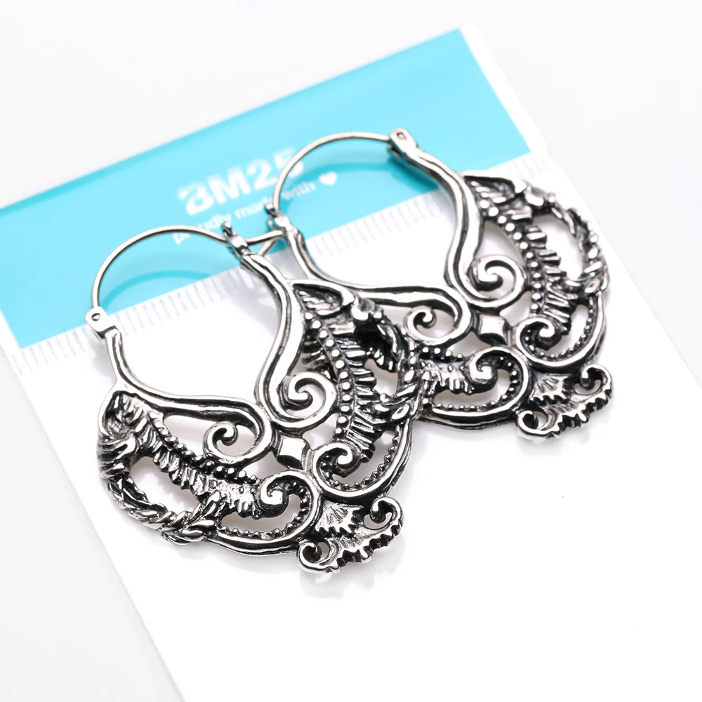 A Pair of Enchanted Royal Bali Filigree White Brass Plug Hoop Earring - Image 5