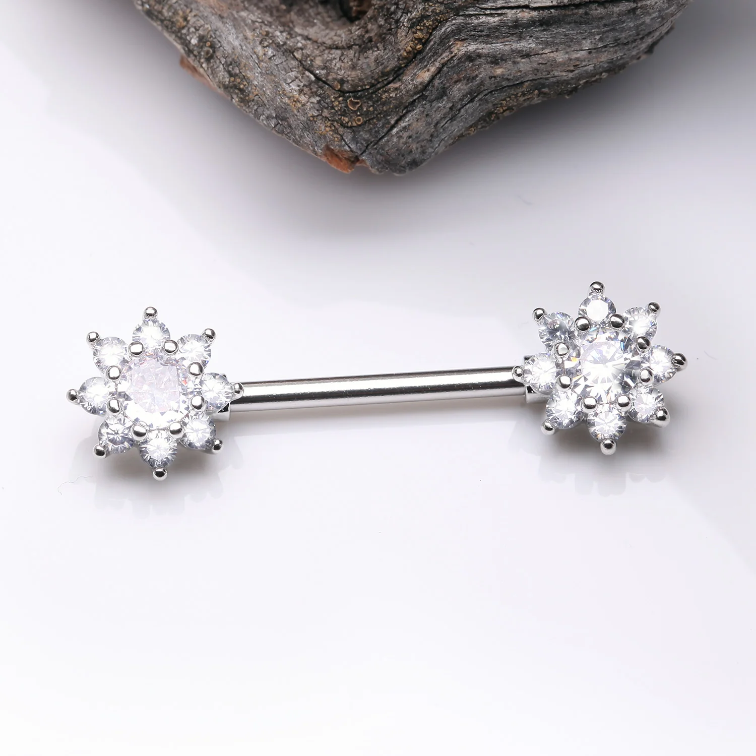 A Pair of Glistening Sparkle Flower Multi-Gem Nipple Barbell - Image 2
