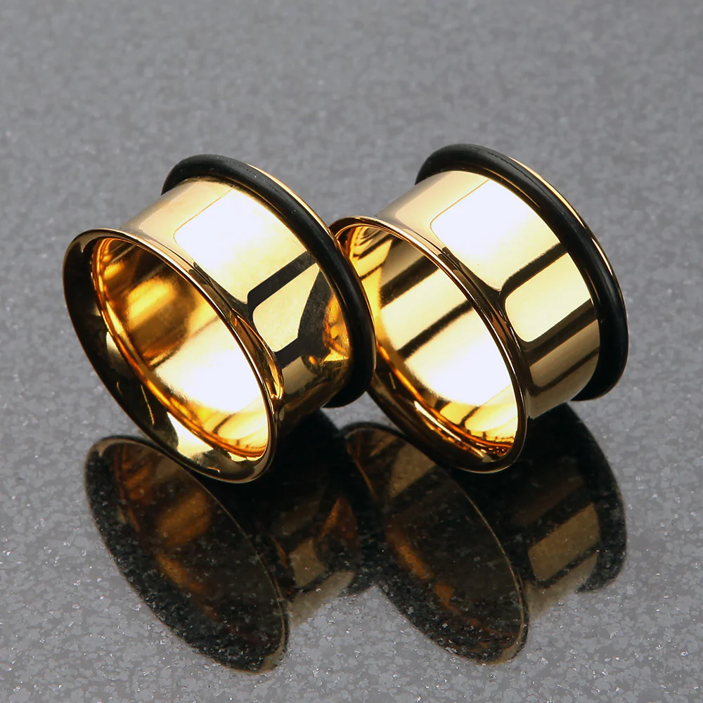 A Pair of Gold Plated Steel Single Flared Ear Gauge Tunnel Plug - Image 4